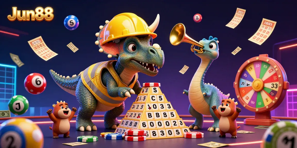 Experience Jun88's thrilling gaming atmosphere with lively 3D characters celebrating vibrant casino excitement.