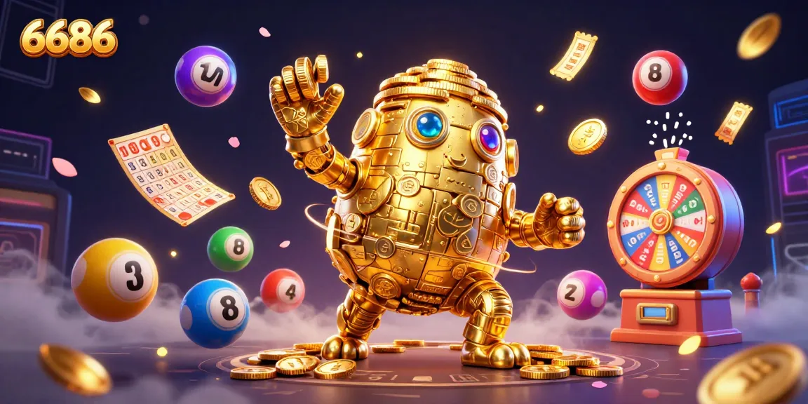 Experience the thrill with 6686's golden golem and dynamic game elements in this vibrant illustration.