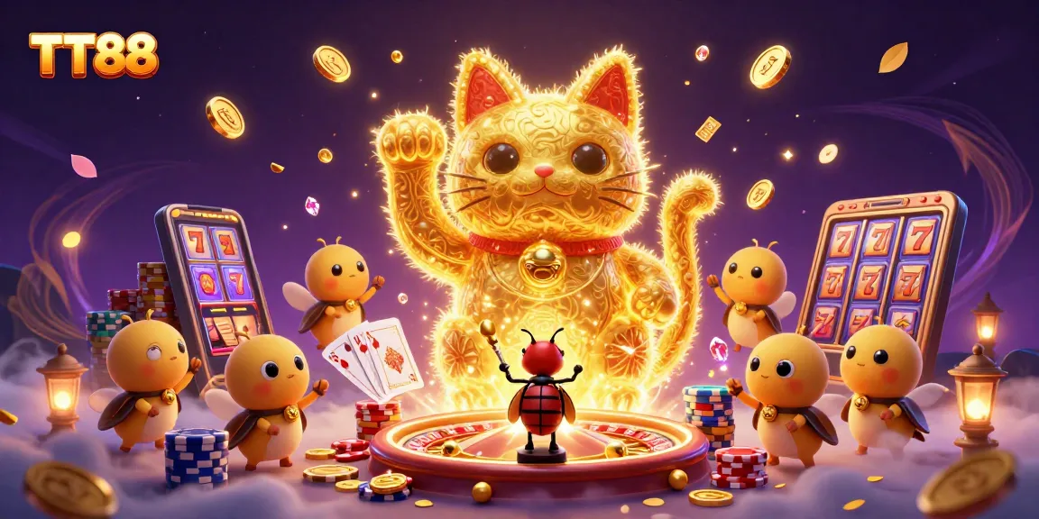 Play slots and enjoy gaming at TT88 with animated lucky symbols and vibrant casino elements.