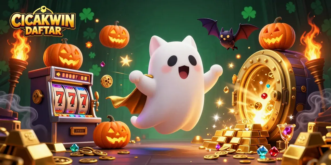 CICAKWIN DAFTAR presents a vibrant illustration of a ghost cat and vampire bat in a haunted casino, maximizing excitement.