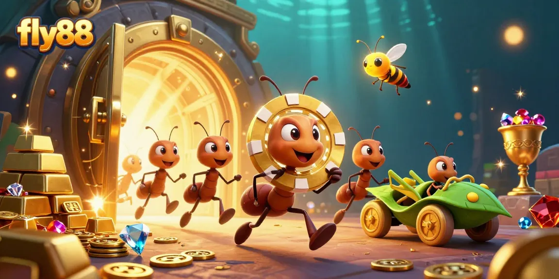 Fly88 team of ants executing a heist with a giant poker chip amidst sparkling treasures