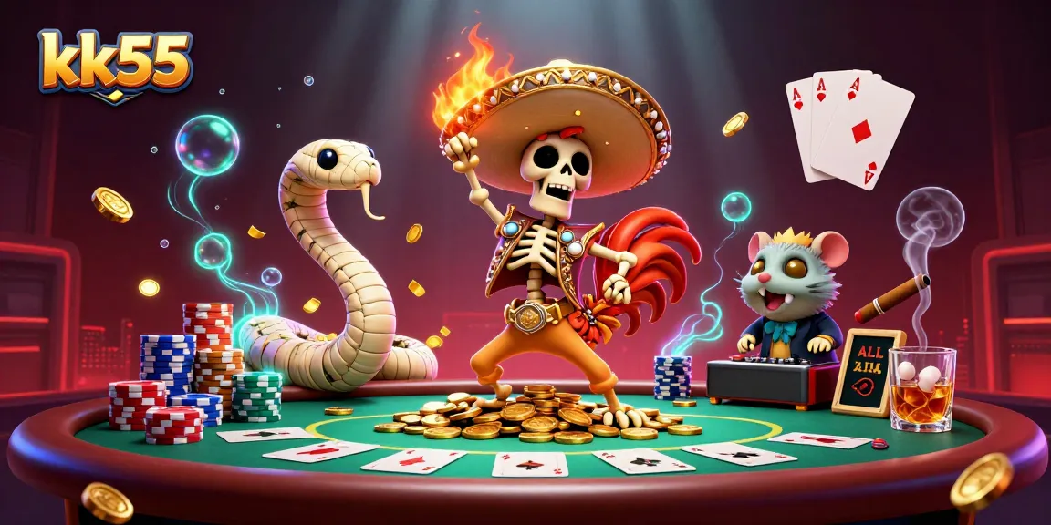 Experience exciting gaming at kk55 with a vibrant illustration of a mariachi rooster celebrating on a pile of coins.