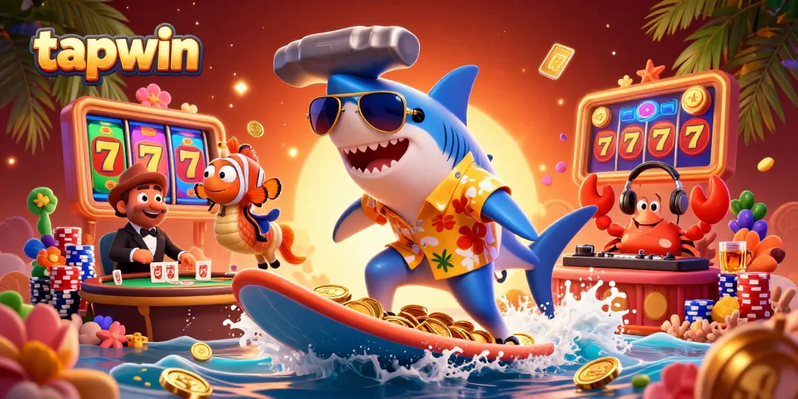 Engage with tapwin's vibrant 3D illustration showcasing a lively casino scene with a hammer-head shark and clownfish.