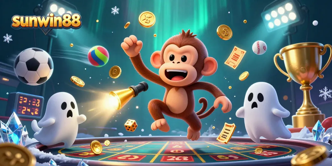 Experience the excitement of sunwin88 casino with a playful monkey and curious puppy amidst golden treasures.