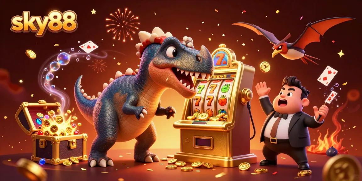 Experience the excitement at sky88 with a dinosaur jackpot scene full of coins from a slot machine.