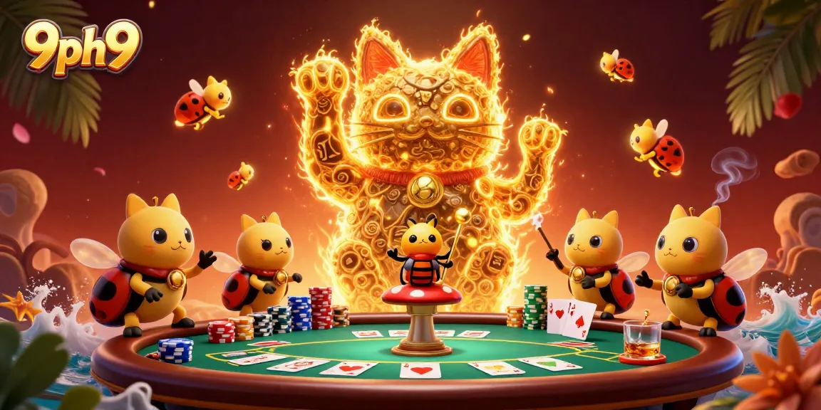 Experience winning thrills at 9ph9 with a lively casino scene featuring a lucky cat and colorful poker elements.