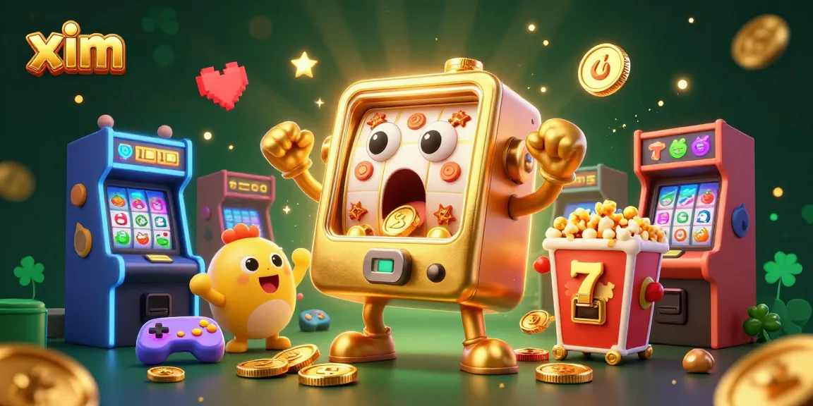 Engage with xim as the golden slot machine wins, surrounded by cheering mini slots and arcade elements.