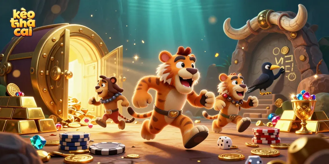 Engage with kèo nhà cái in a vibrant 3D casino scene full of treasures.