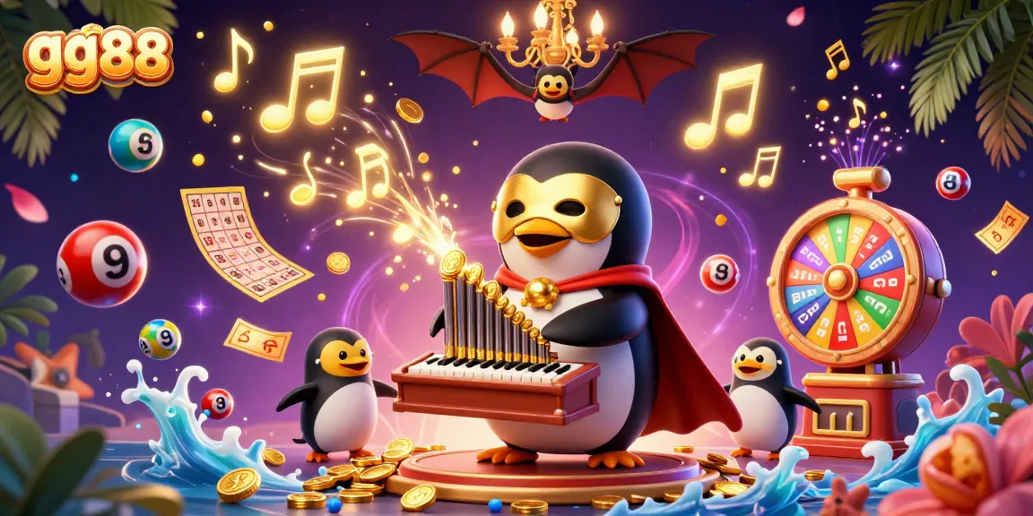 Engage with gg88's vibrant casino universe featuring a penguin character playing an organ with cascading gold coins.