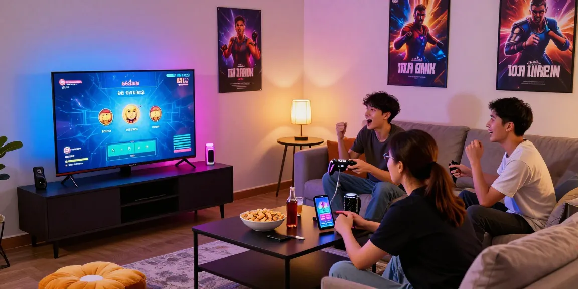 Exciting gaming night with friends, featuring 68gamebai on screen, casual atmosphere with snacks and chat.