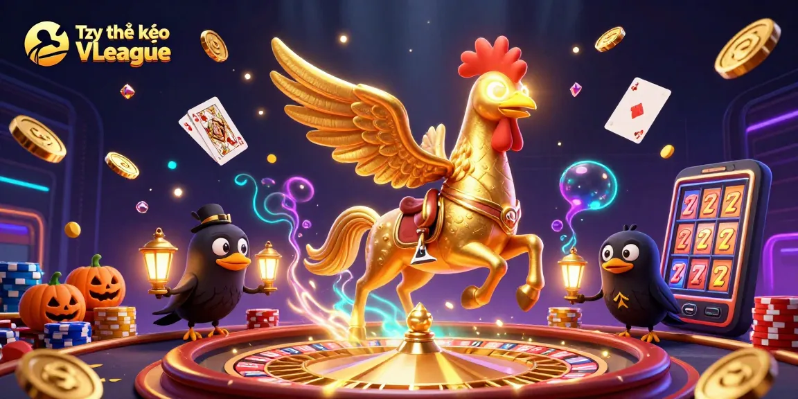 Engage with thrilling Tỷ lệ kèo V-League visuals of a golden rooster avatar amidst lively casino elements.