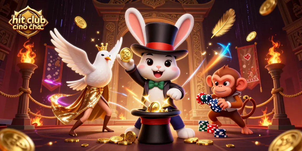 Engage in thrilling gameplay at hit club chính thức, featuring a magical scene with a rabbit, dove, and monkey amid casino excitement.