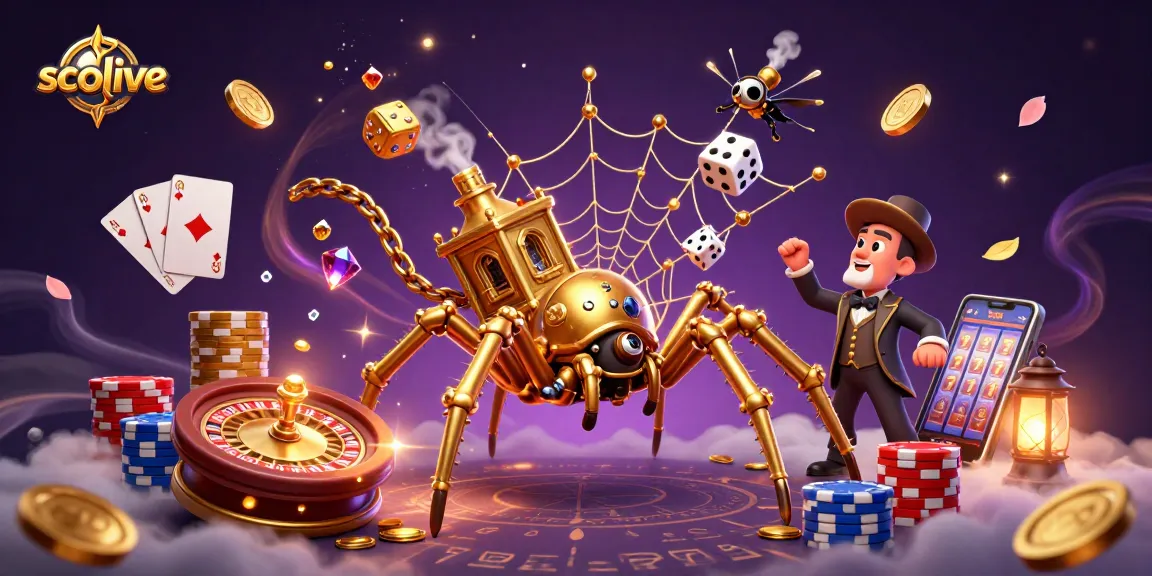 Socolive showcases a steampunk spider catching dice in its web with golden chains, surrounded by casino elements.