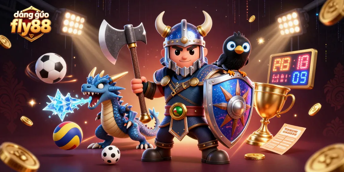 Engaging and dynamic scene showcasing đăng nhập fly88 with cartoon Viking wolf, fierce dragon, and glowing raven in a vibrant casino setting.