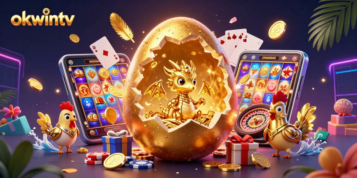 Experience thrilling moments on okwintv with a vibrant 3D illustration of gold dragon and casino elements.