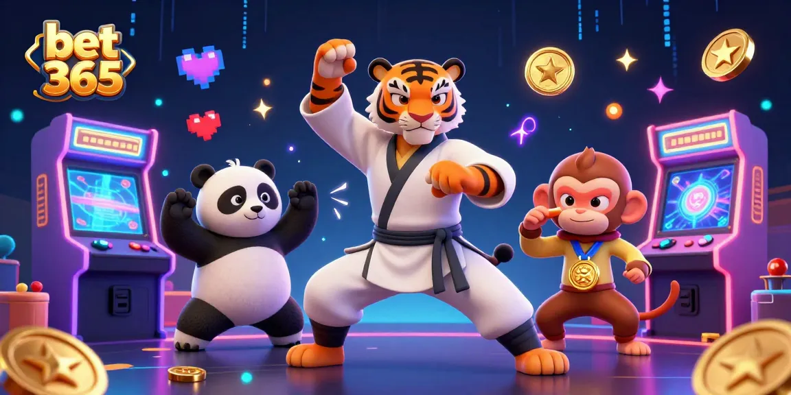 Bettors engage with bet 365 through a lively casino illustration featuring a kung fu tiger and friends playing games.