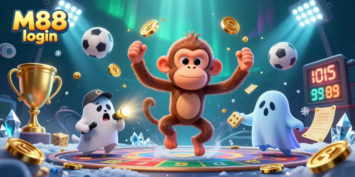 Experience M88 login with a mischievous monkey juggling golden casino treasures in a haunting scene.