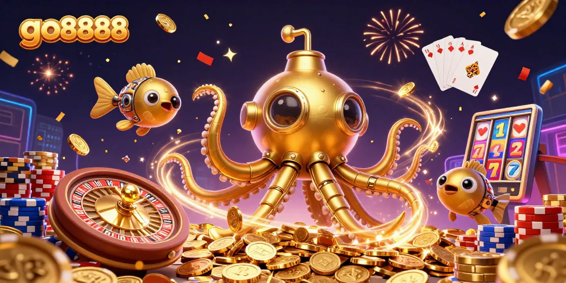 Experience thrilling gameplay with go8888's golden kraken and casino elements amidst a sea of coins.