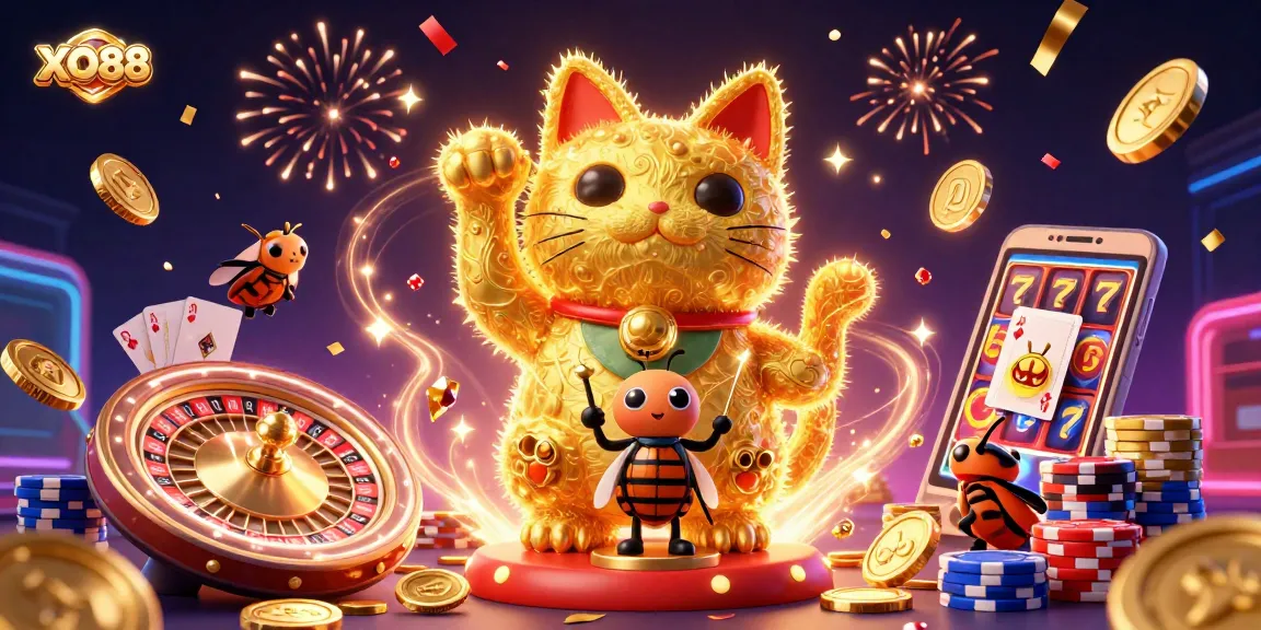 Engage with XO88's vibrant casino scene showcasing a giant lucky cat and fireworks.