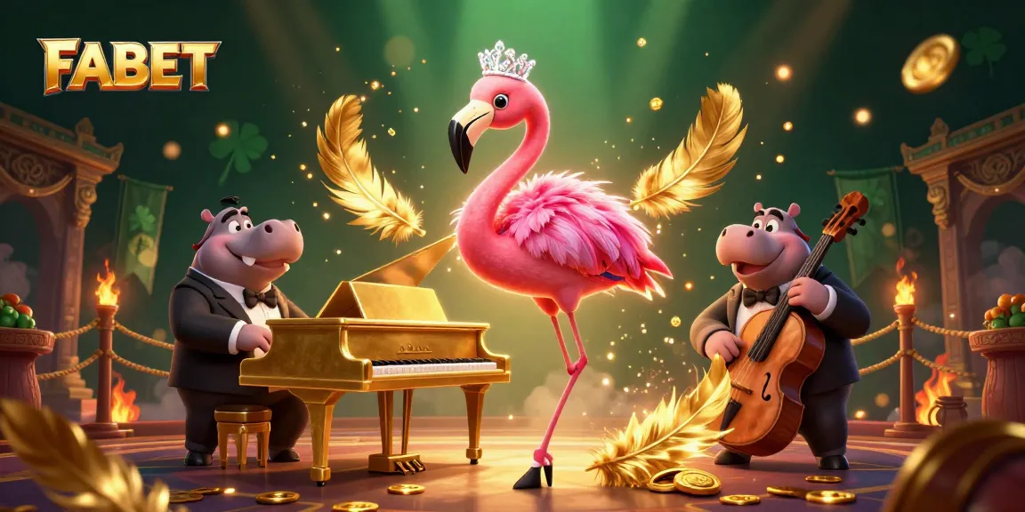 Experience FABET's thrilling casino atmosphere with a flamingo singer and hippo bassist in this vibrant 3D illustration.