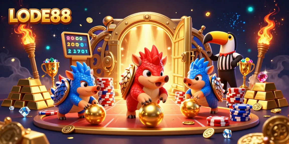 Engaging LODE88 scene with pangolins bowling through poker chips, showcasing vibrant casino elements.