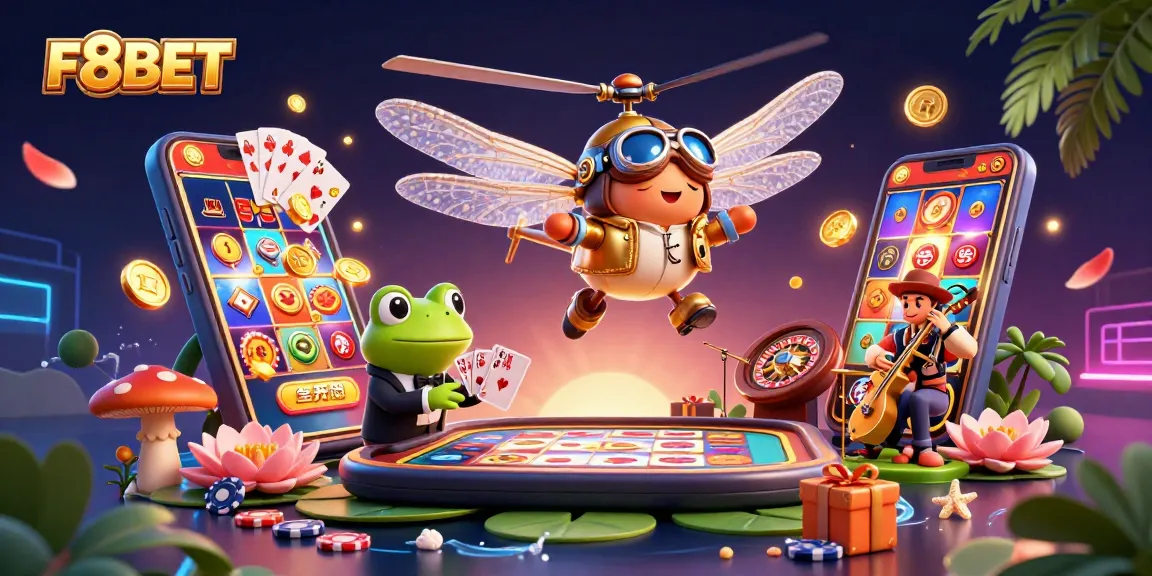 Experience the vibrant energy of F8BET with our colorful and dynamic casino illustration featuring unique characters and games.