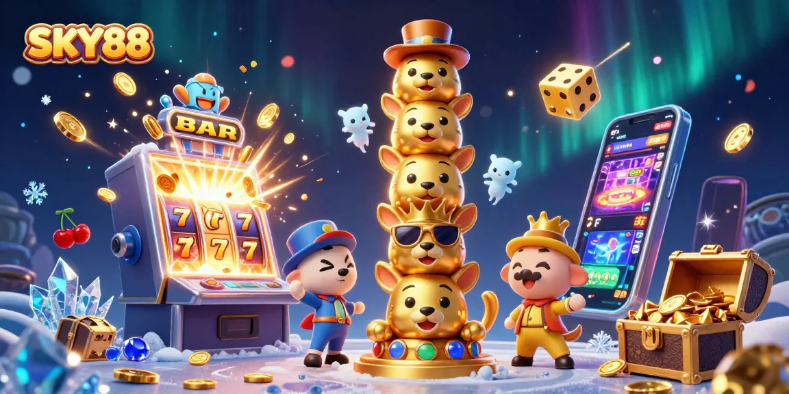 Experience the excitement of SKY88 with a vibrant slot machine bursting with treasures and animated totem characters.