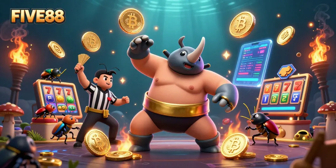 Engage in thrilling gameplay at FIVE88 featuring a sumo champion beetle amidst vibrant casino elements.